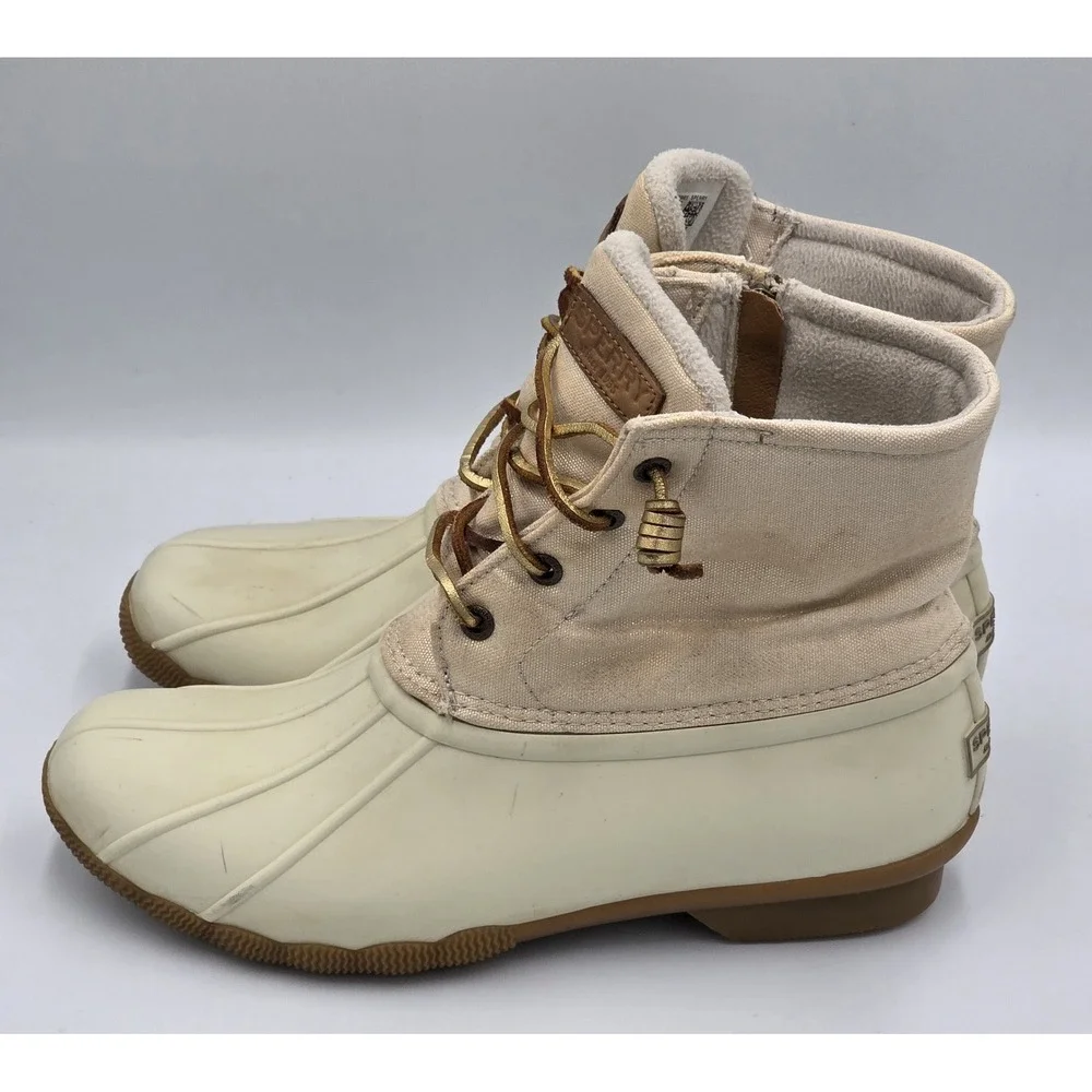 Sperry Waterproof Duck Booties Saltwater Canvas Oat/Gold‎ STS80493 Wmns Size 9